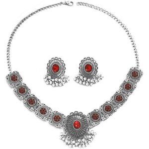 Vintage Red Austrian Crystal Kundan Necklace Earrings Jewelry Set for Women